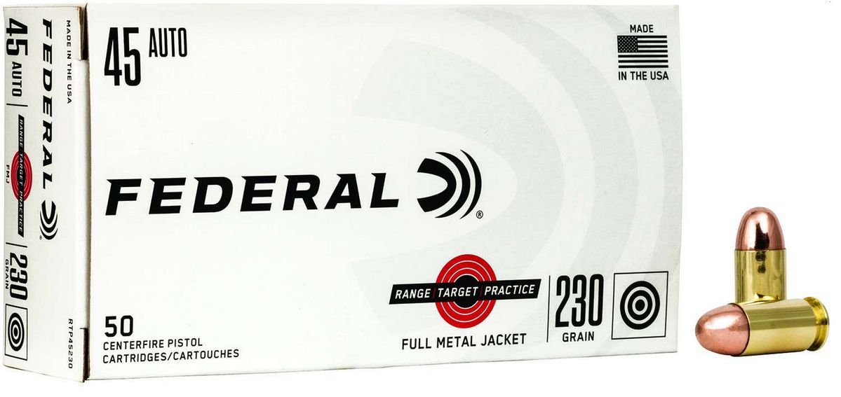 Federal Range and Target 45 ACP Ammo 230gr Full Metal Jacket 50rd box - Brass Casing