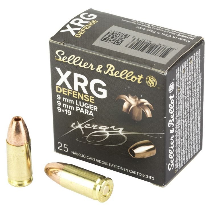 S&B XRG Defense Ammo 9mm 100gr HP 25 round box - Brass Casing