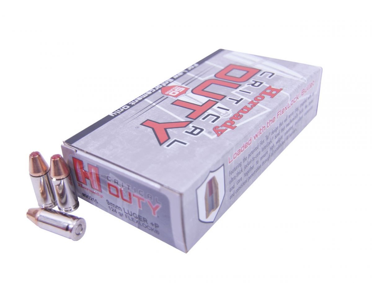 Hornady Critical Duty FlexLock 9mm 124gr +P Ammo 50 Round Box - Nickel Plated Brass Casing