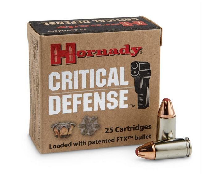 Hornady Critical Defense 9mm Ammo 115gr FTX Bullet, 25rd Box - Nickel Plated Brass Casing