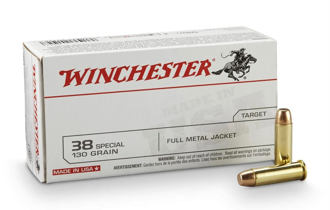Winchester USA 38 Spl 130 Grain Full Metal Jacket 100rd box - Brass Casing