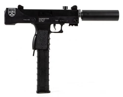 MasterPiece Arms Defender Top Cocking Semi Auto Pistol, 9mm, 4.5" Threaded Barrel, Black, 30 Rounds - 30+1 Rounds | 6" Barrel | Polymer Grips | Blue/Black | 3-Dot Sights